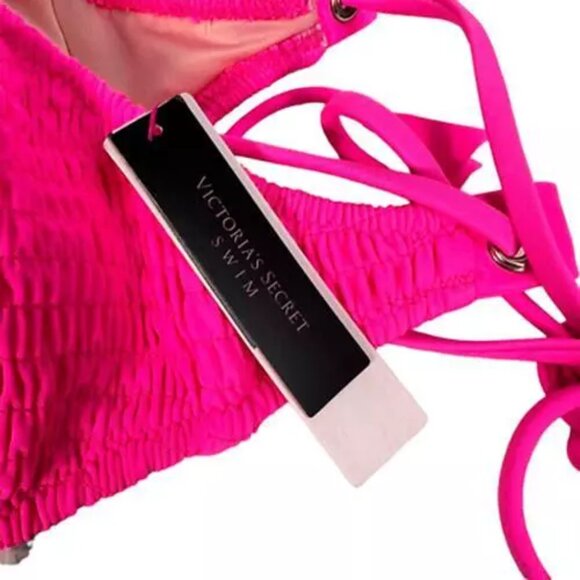 Victoria’s Secret Swim Womens Bikini Top Pink Padded V Neck Ruched Tassel XS NEW - Picture 7 of 9